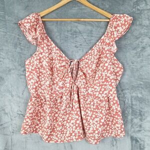 Womens Top 2X Red Milkmaid Boho Floral Cottagecore Babydoll Y2K Smocked Coquette